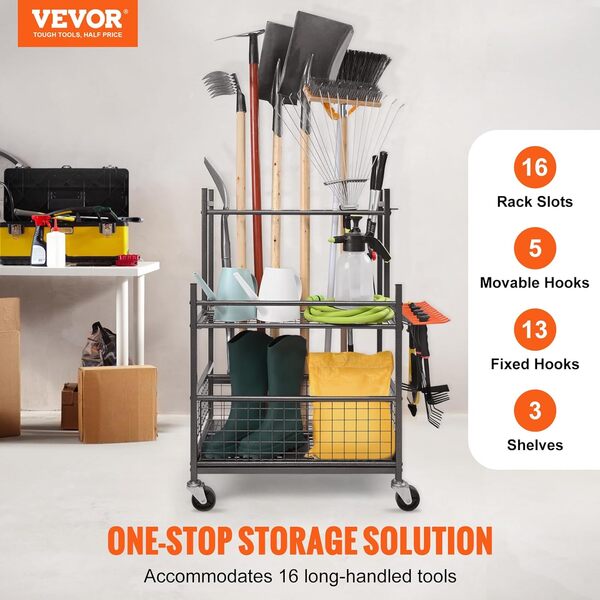 VEVOR Support Range Outils de Jardin 16 Emplacements avec Crochets Porte-outils de Garage en Métal sur Roulettes pour Organisation et Stockage Abri Extérieur des Outils, Râteaux, Balais à Long Manche