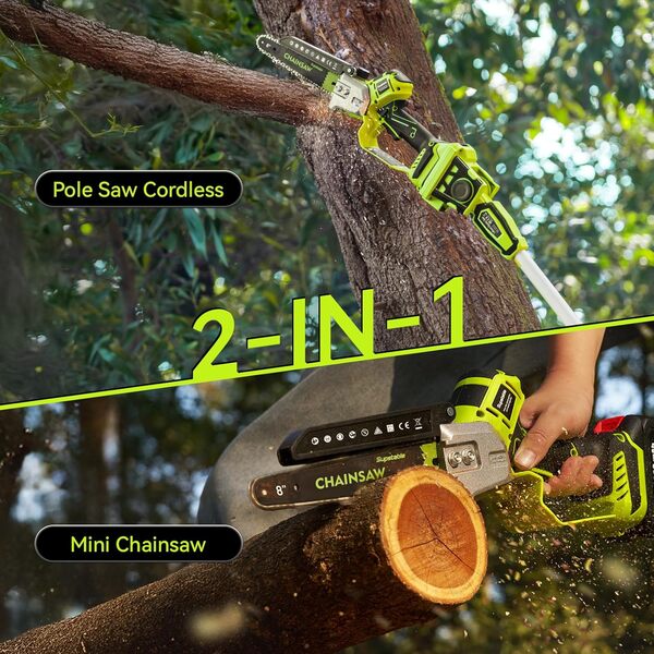 2-en-1 Mini Tronconneuse Télescopique & Elagueuse sur Perche 8 Pouces, Extension jusqu'à 4,8 m, Tronconneuse a Batterie 8000 mAh, Système D'huile Automatique, pour Branches et Jardin