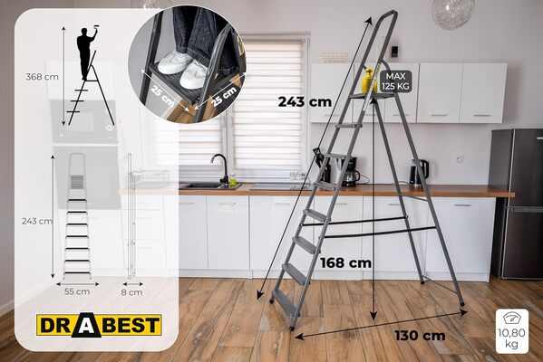 Drabest Home Échelle en Acier avec Finition Revêtement en Poudre et Plateforme – Escabeau 8 Marches avec Plateforme – Escabeau Léger – Échelle Pliable pour la Maison – 125 Kg – 55x243x8cm