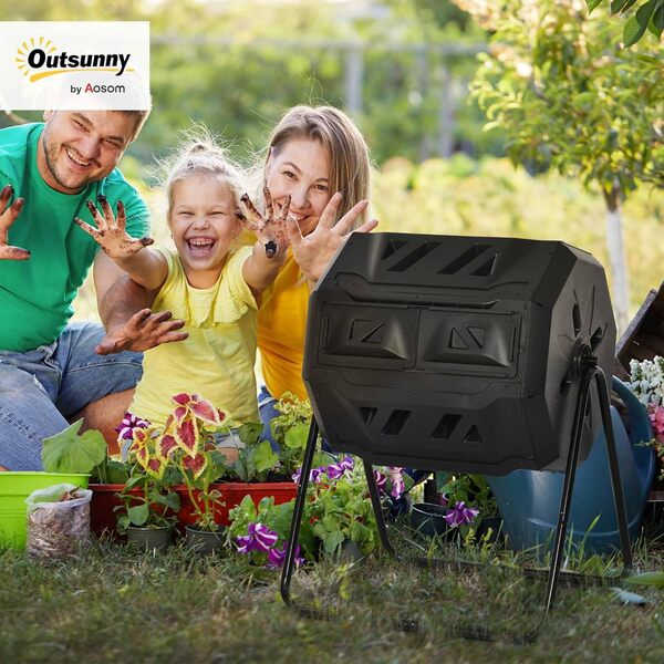 Outsunny Composteur de Jardin - bac à Compost pour déchets - Rotatif 360° - Double Chambre 160 L - Acier PP Noir