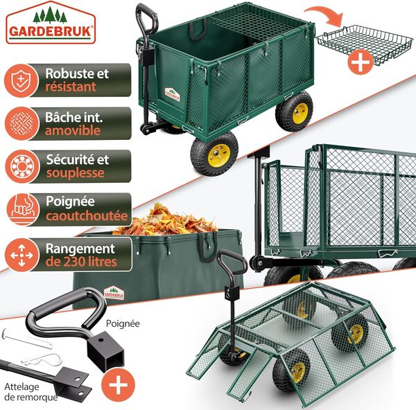 Gardebruk® Chariot à roulettes Pliable 550kg Robuste bâche Amovible Chariot de Plage Chariot de Transport brouette Chariot Jardin remorque