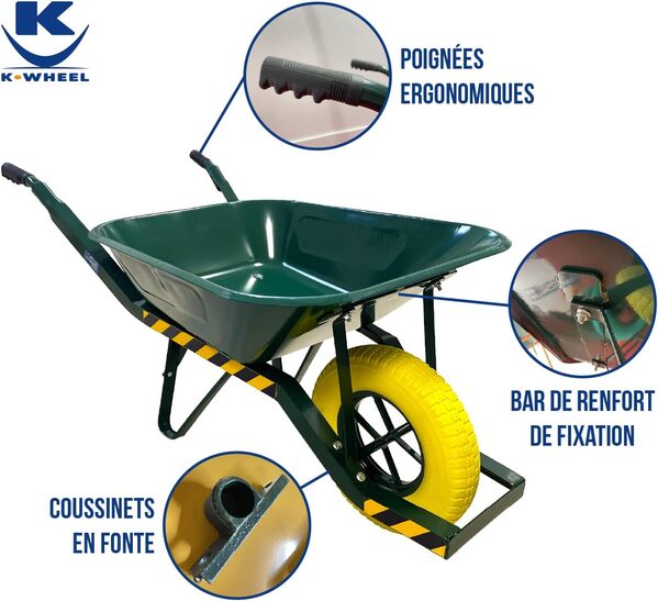 KELI - Brouette Cornières Super Pro Roue Increvable, 85L, Jusqu'à 250 Kg, Chariot de Transport, Poignées ergonomiques, Usage intensif