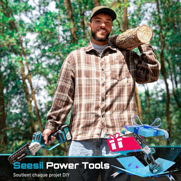 SEESII Mini Tronconneuse à Batterie 6 Pouces, Tronçonneuse Électrique Sans Balais, avec 2 * 4000 mAh Batterie, Lubrification Automatique, Compatible Makita 18V, Idéal Extérieur & Jardinage