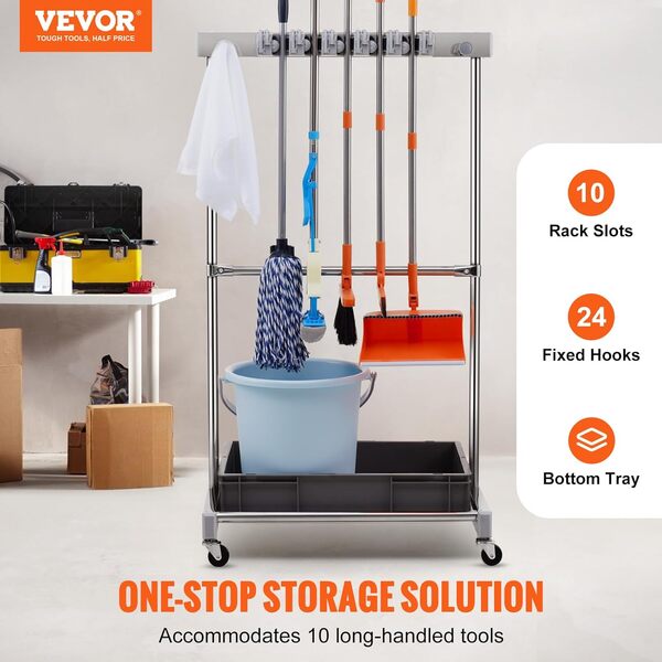 VEVOR Support Range Outils de Jardin 10 Emplacements avec Crochets Porte-outils de Garage Métal PP sur Roulettes pour Organisation et Stockage Abri Extérieur des Outils, Râteaux, Balais à Long Manche