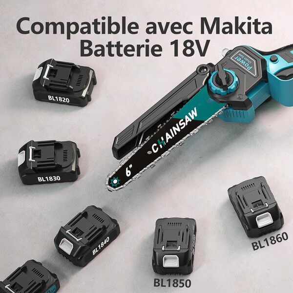 Mini Tronconneuse a Batterie 8000mAh, 6 Pouces 1000W Tronconneuse Electrique Sans Fil Brushless avec Graisseur Automatique, Elagueuse Batterie, Petite Tronçonneuse Compatible avec Makita pour Jardin