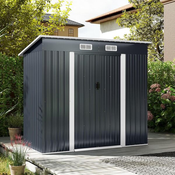 RELAX4LIFE Abri de Jardin en Métal 4m³ avec Toit Incliné, Porte Coulissante Verrouillable et Aérations, Cabane à Outils Extérieur pour Jardin, Cour, Pelouse, Patio, 213 x 112 x 186 CM