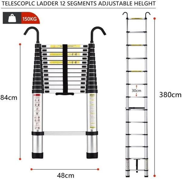 STANEW Échelle Télescopique 3,8M en Aluminium Bricolage Pliable, Accoudoir Amovible, Extensible Unique Droite Multi-Fonction Ladder,Charge Maximale 150kg