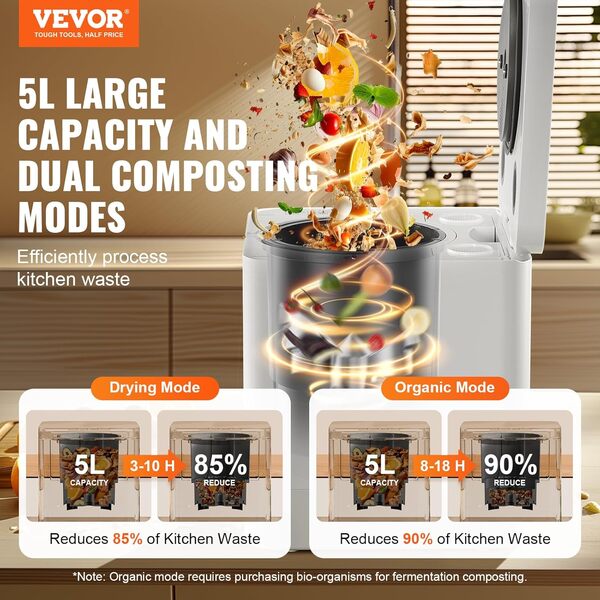 VEVOR Composteur électrique de cuisine, grand bac à compost intelligent de 5 L, inodore et silencieux, recyclage d'aliments avec moteur amélioré/auto-nettoyage