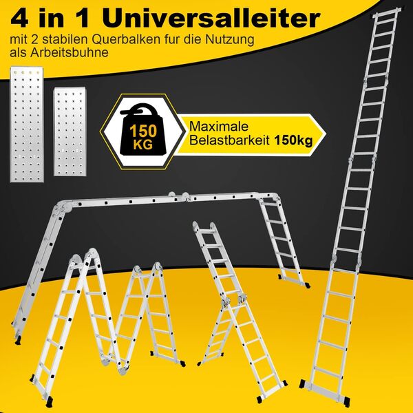 Cecaylie Échelle Multifonction en Aluminium - 4 x 5-582 cm - 7 en 1 - avec Plateforme - Échelle avec 2 plaques d'échafaudage - Échelle de Travail Multifonction - 20 marches - Argenté