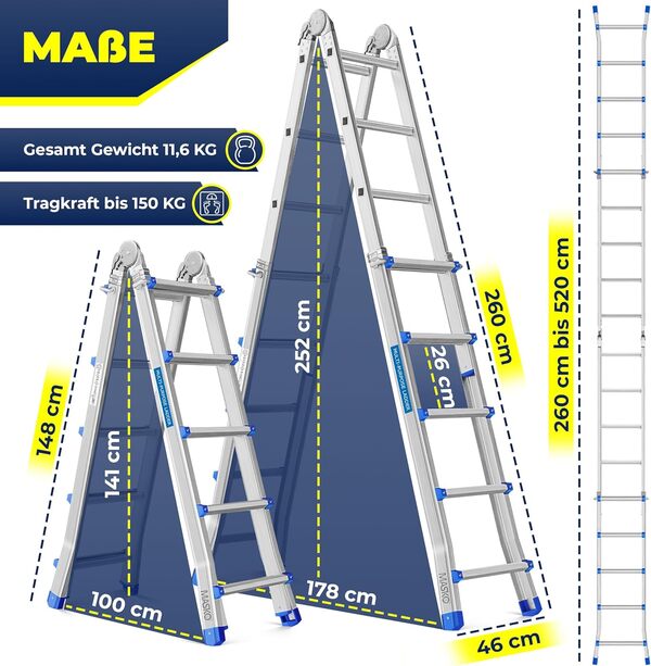 MASKO® Échelle Polyvalente en Aluminium | Pliable | 5,10 m | 4x5 échelons | Charge maximale 150 kg | Pieds antidérapants | échelle Portable | échelle Double | Argent Bleu