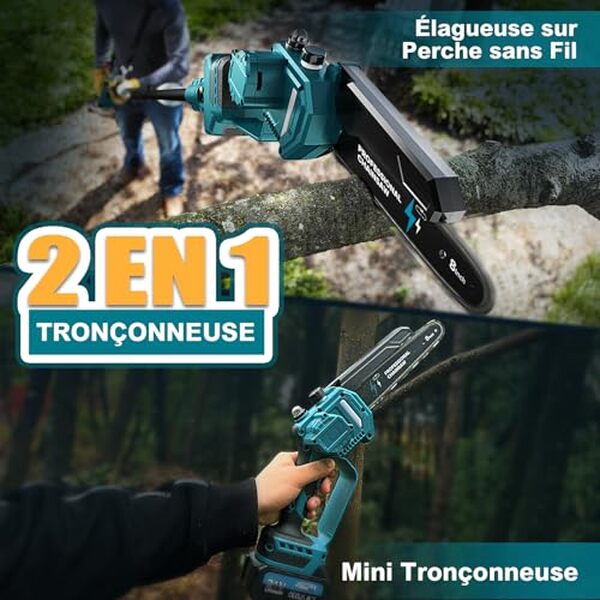 Découvrez notre test de la tronçonneuse télescopique 2-en-1 de 8 pouces et de la mini tronçonneuse sans balais avec 2 batteries : performance, autonomie et conseils d'achat