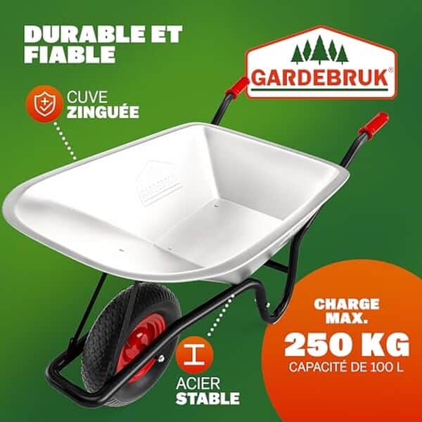 Découvrez notre test complet de la brouette GardeBruk 100L acier. Capacité 250kg, durabilité et qualité : tous les détails pour bien choisir votre brouette. 