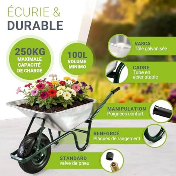 Découvrez notre avis détaillé sur la brouette Juskys Garden 100L avec capacité 210 kg et pneus à air. Qualité, performance et prix analysés pour vous.