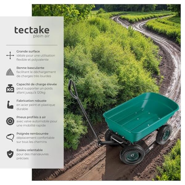 Découvrez notre test complet du chariot tout-terrain tectake® 120kg avec benne basculante : capacité, robustesse et praticité pour vos travaux de jardinage et transport. 